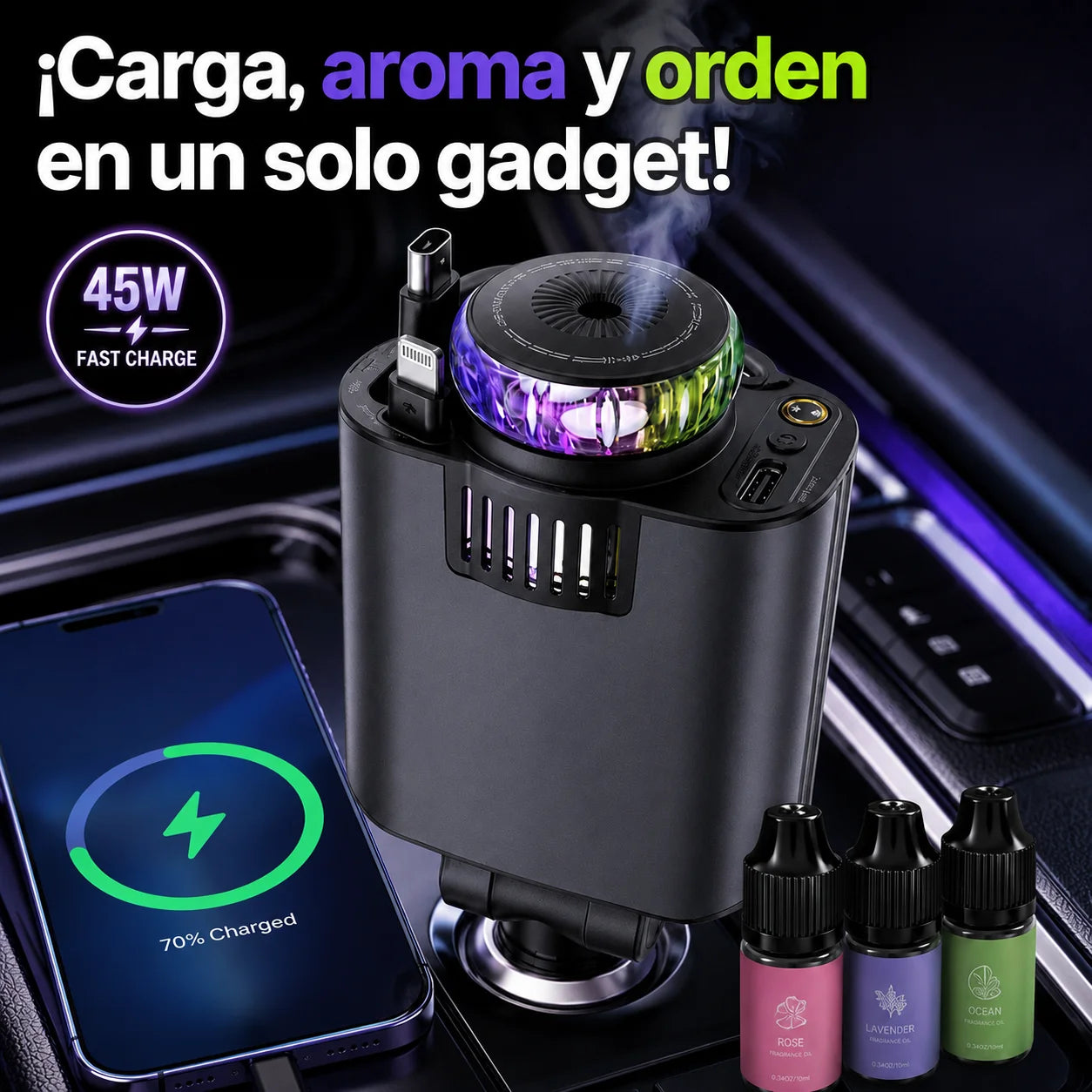 AromaVolt™ 5 en 1 — Cargador Rápido para Auto con Aroma y Cable Retráctil
